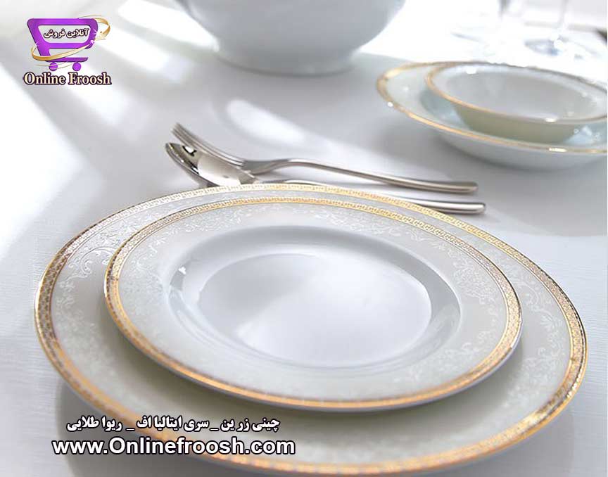 چینی زرین سری ایتالیا اف طرح ریوا طلایی 102 پارچه 12 نفره
