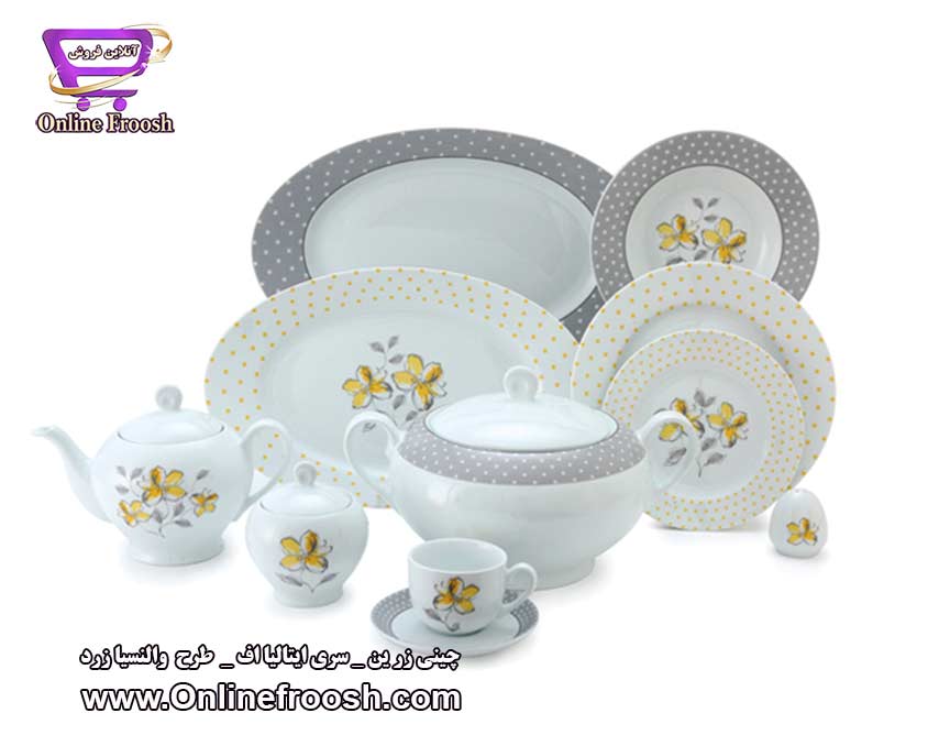 چینی زرین سری ایتالیا اف طرح والنسیا زرد 102 پارچه 12 نفره