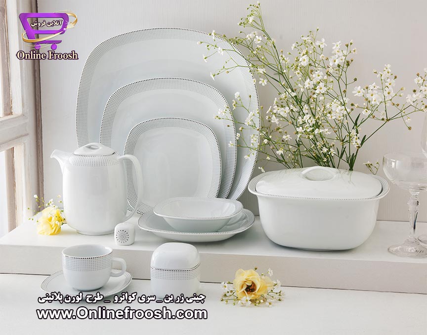 چینی زرین سری کواترو طرح لورن پلاتینی 98 پارچه 12 نفره